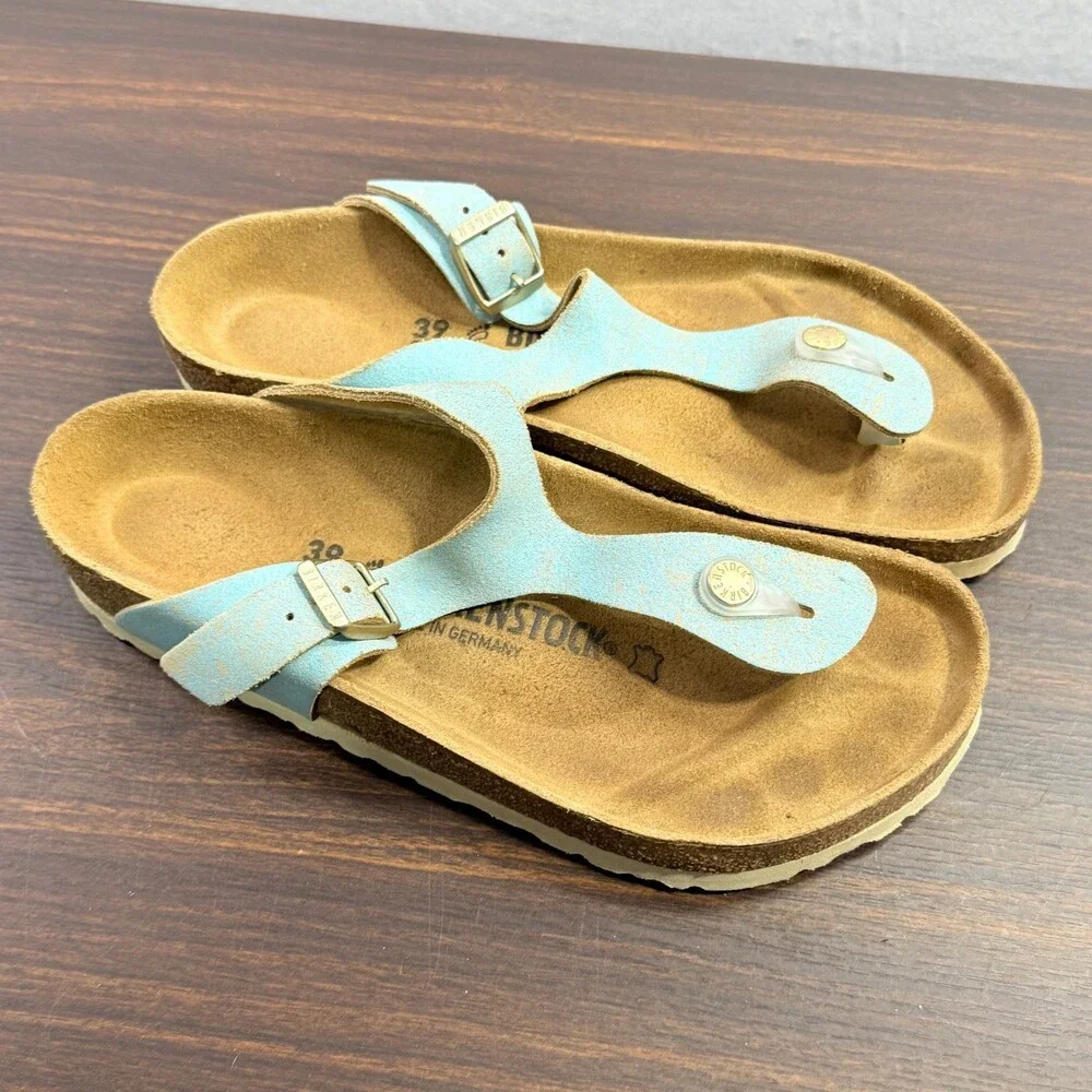 Birkenstock Gizeh Womens 39 US 8 Light Blue Metallic Crackle Leather Sandals - Picture 1 of 7